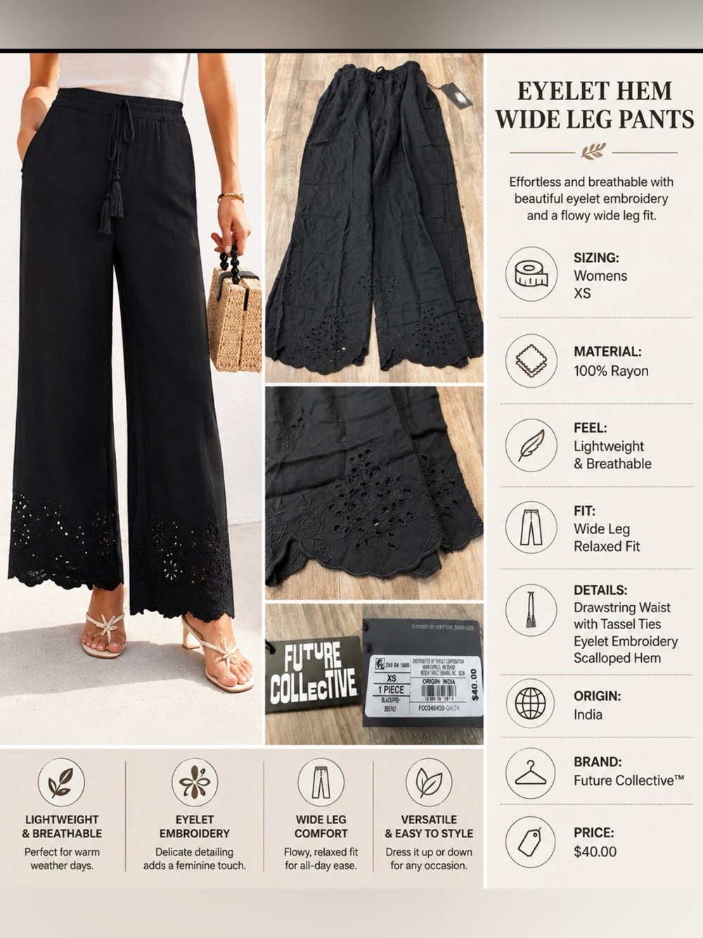 Future Collective Wide Leg Pants XS Black Embroidered Eyelet‎ Boho NWT $40